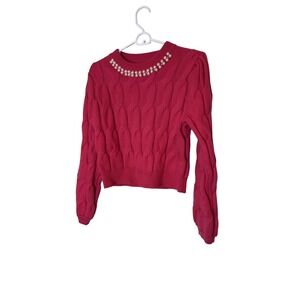 Lola Sweater Womens Small Pink Cable Knit Pearl Beaded Crewneck Cropped Pullover